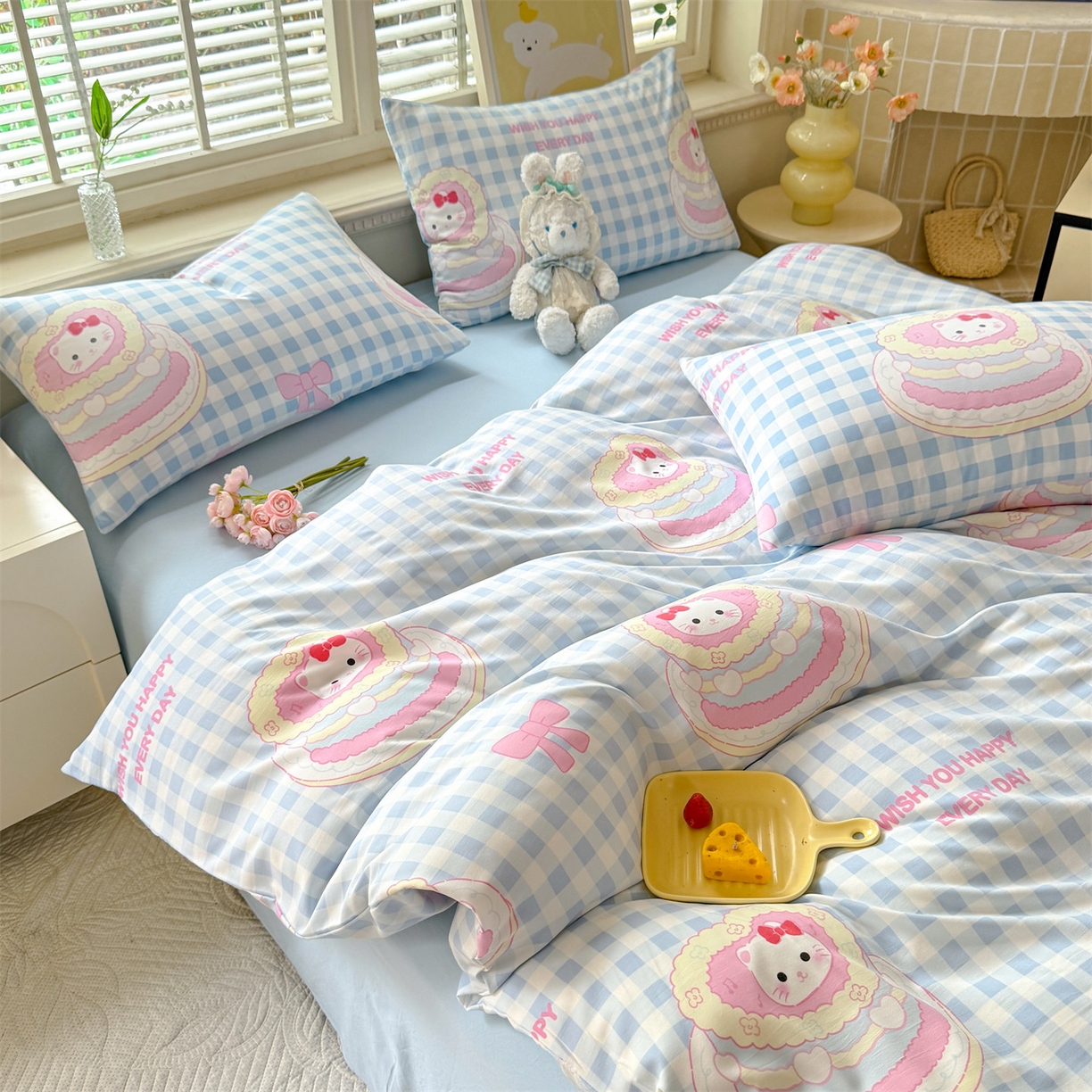 91家纺网 家纺一手货源 找家纺 多品家纺 2025新款超柔双层纱水洗棉单被套 派对猫