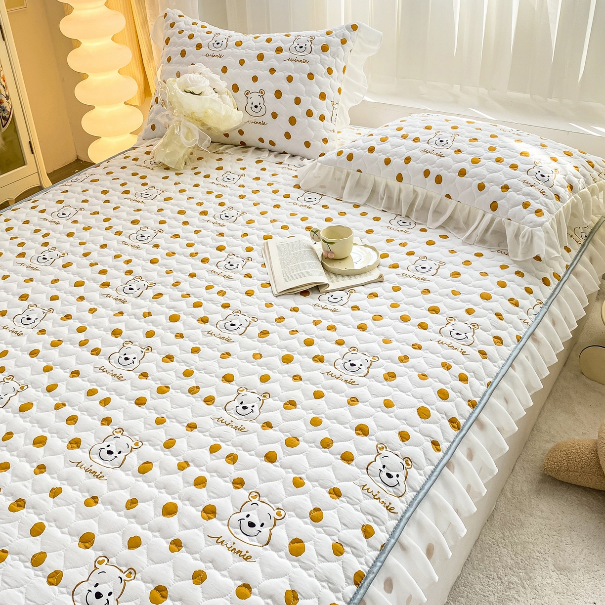 91家纺网 家纺一手货源 找家纺 眠势力 2025新款韩版花边夹棉床笠单件公主风四季款床垫保护套床罩 笑脸熊桔