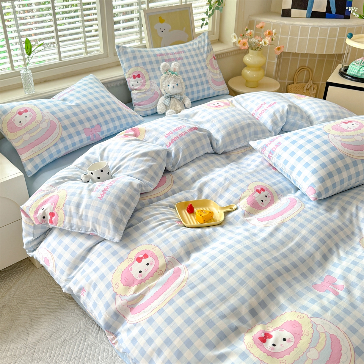 91家纺网 家纺一手货源 找家纺 多品家纺 2025新款超柔双层纱水洗棉单被套 派对猫