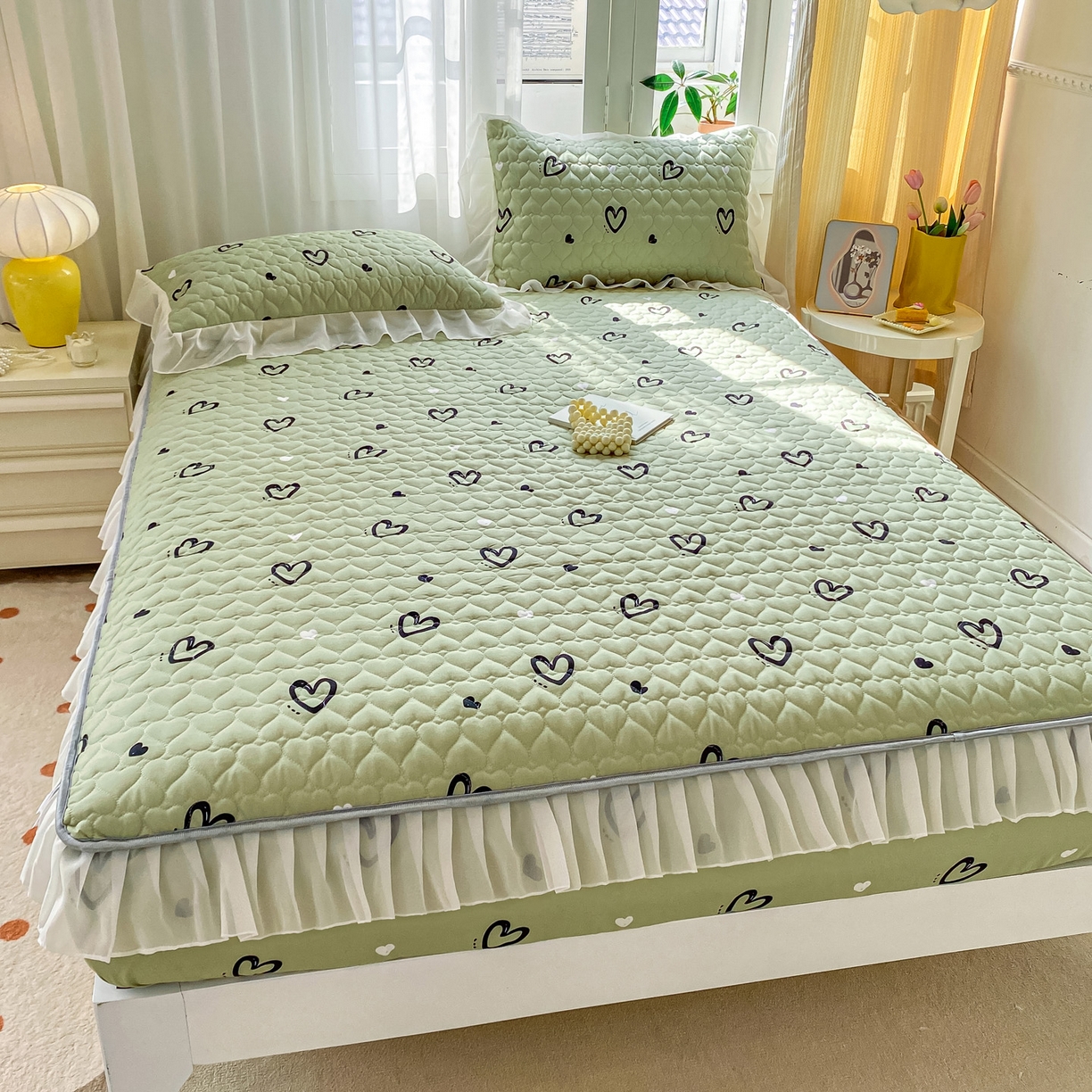 91家纺网 家纺一手货源 找家纺 眠势力 2025新款韩版花边夹棉床笠单件公主风四季款床垫保护套床罩 心心相印