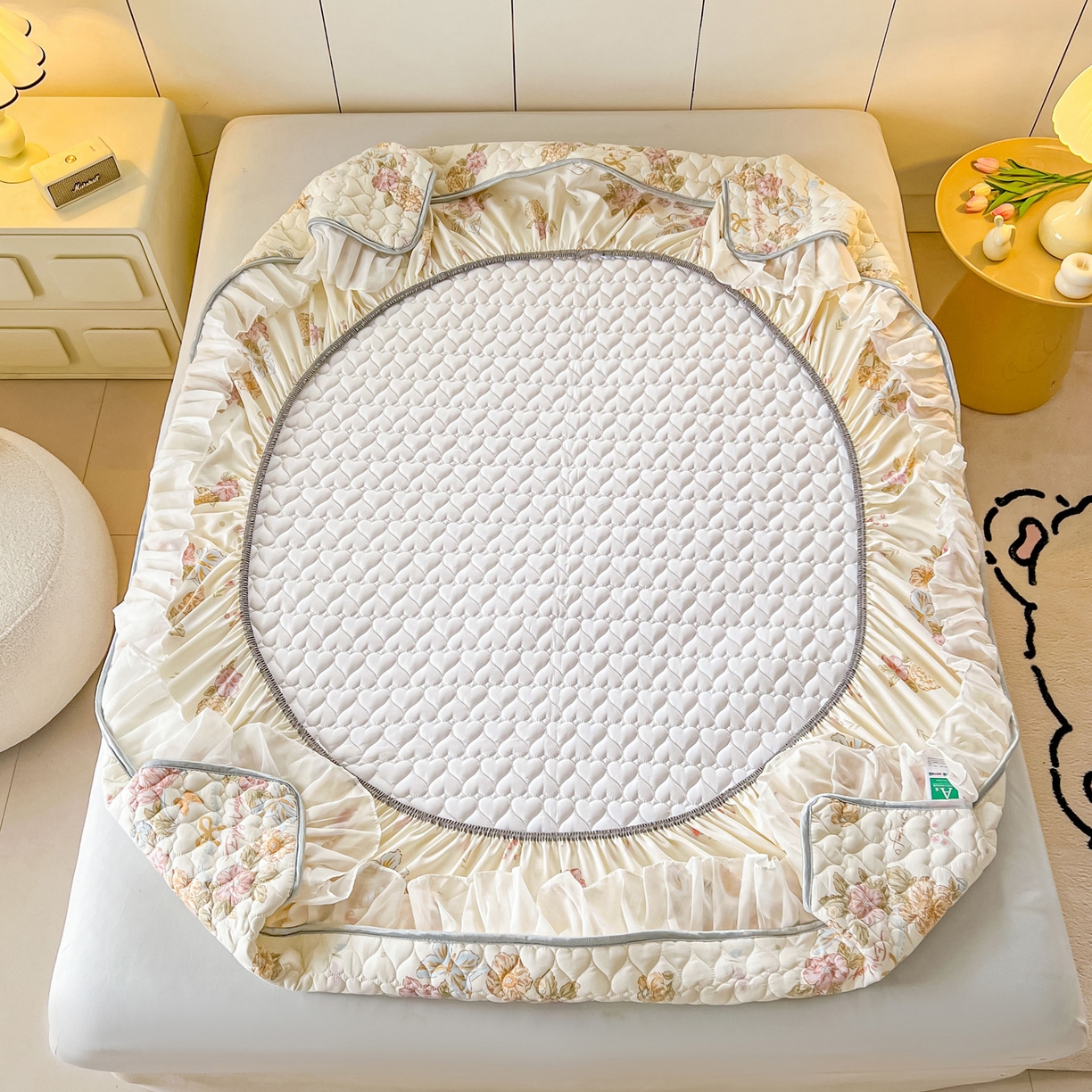 91家纺网 家纺一手货源 找家纺 眠势力 2025新款韩版花边夹棉床笠单件公主风四季款床垫保护套床罩 花语满园