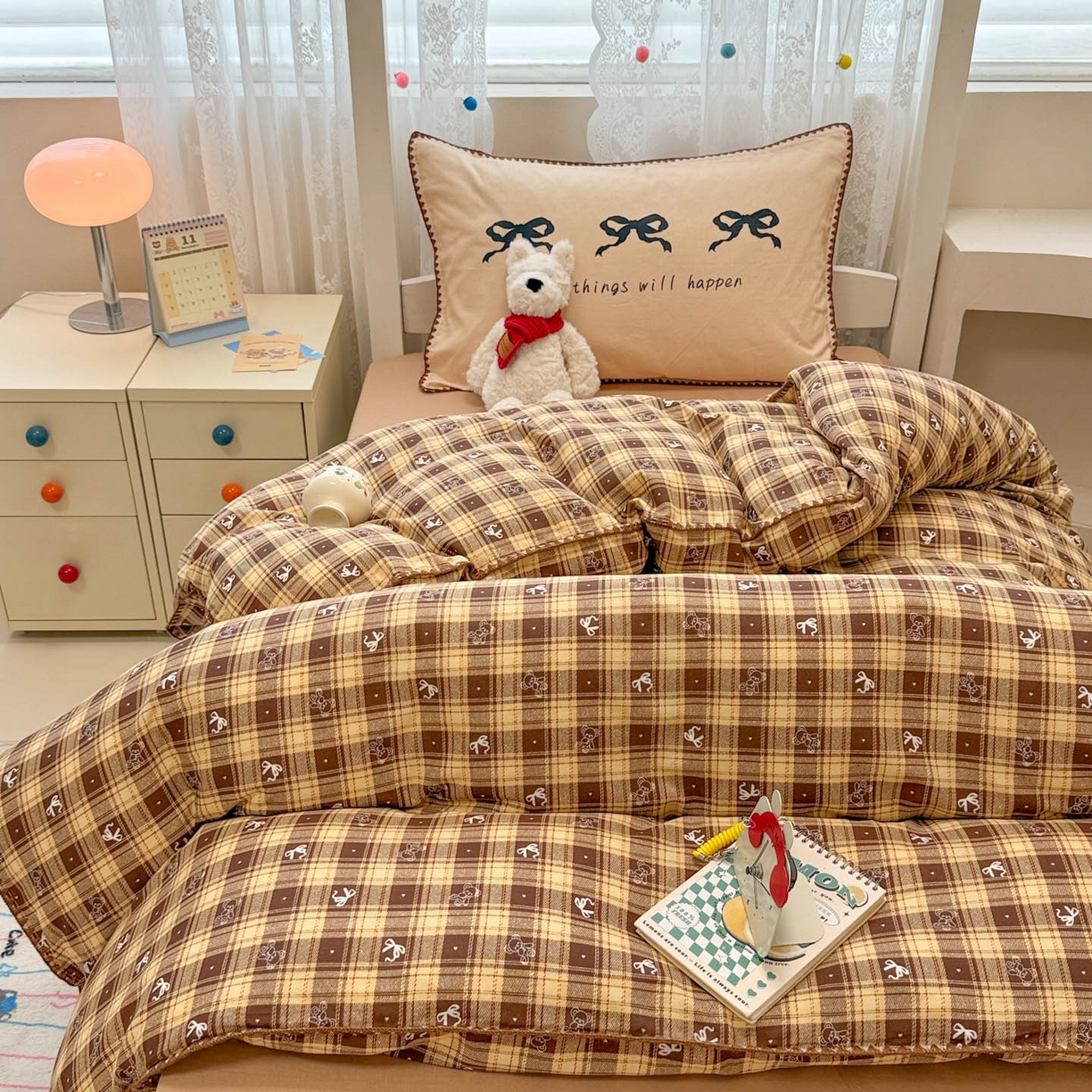 91家纺网 家纺一手货源 找家纺 沐辰 2025新款全棉双层纱A类贝壳边学生床三件套 好运蝴蝶结