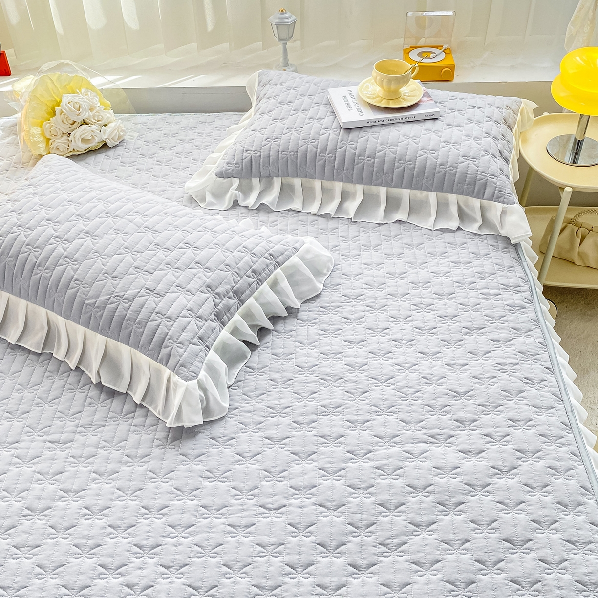 91家纺网 家纺一手货源 找家纺 眠势力 2025新款韩版花边夹棉床笠单件公主风四季款床垫保护套床罩 纯色系-冰山灰