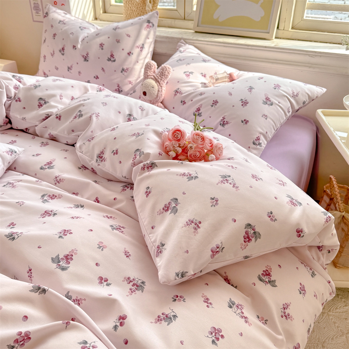 91家纺网 家纺一手货源 找家纺 多品家纺 2025新款超柔双层纱水洗棉单被套 紫葡萄