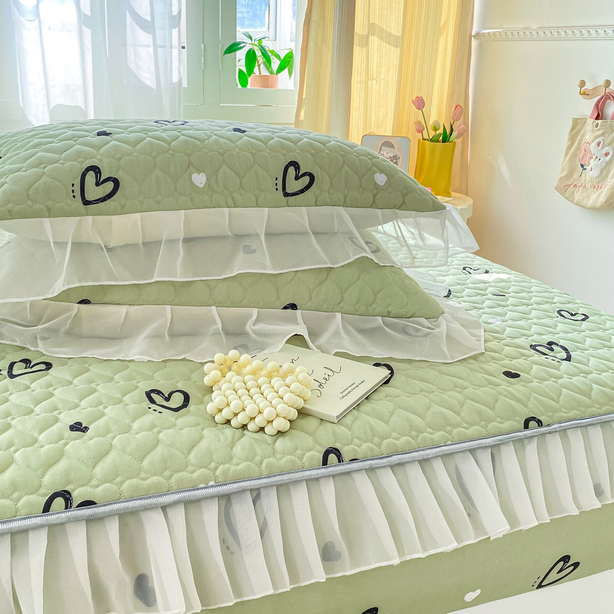 91家纺网 家纺一手货源 找家纺 眠势力 2025新款韩版花边夹棉床笠单件公主风四季款床垫保护套床罩 心心相印