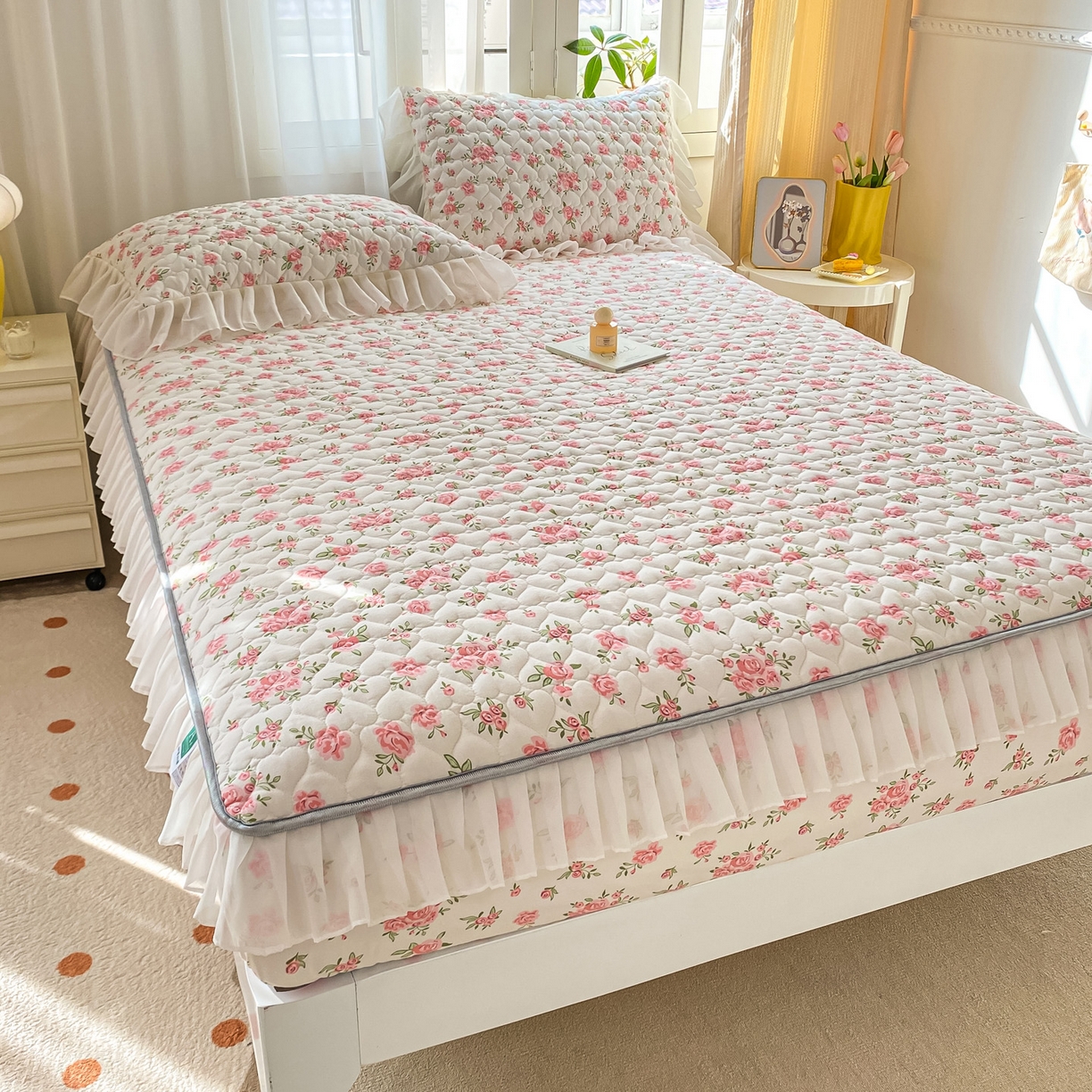 91家纺网 家纺一手货源 找家纺 眠势力 2025新款韩版花边夹棉床笠单件公主风四季款床垫保护套床罩 粉小花