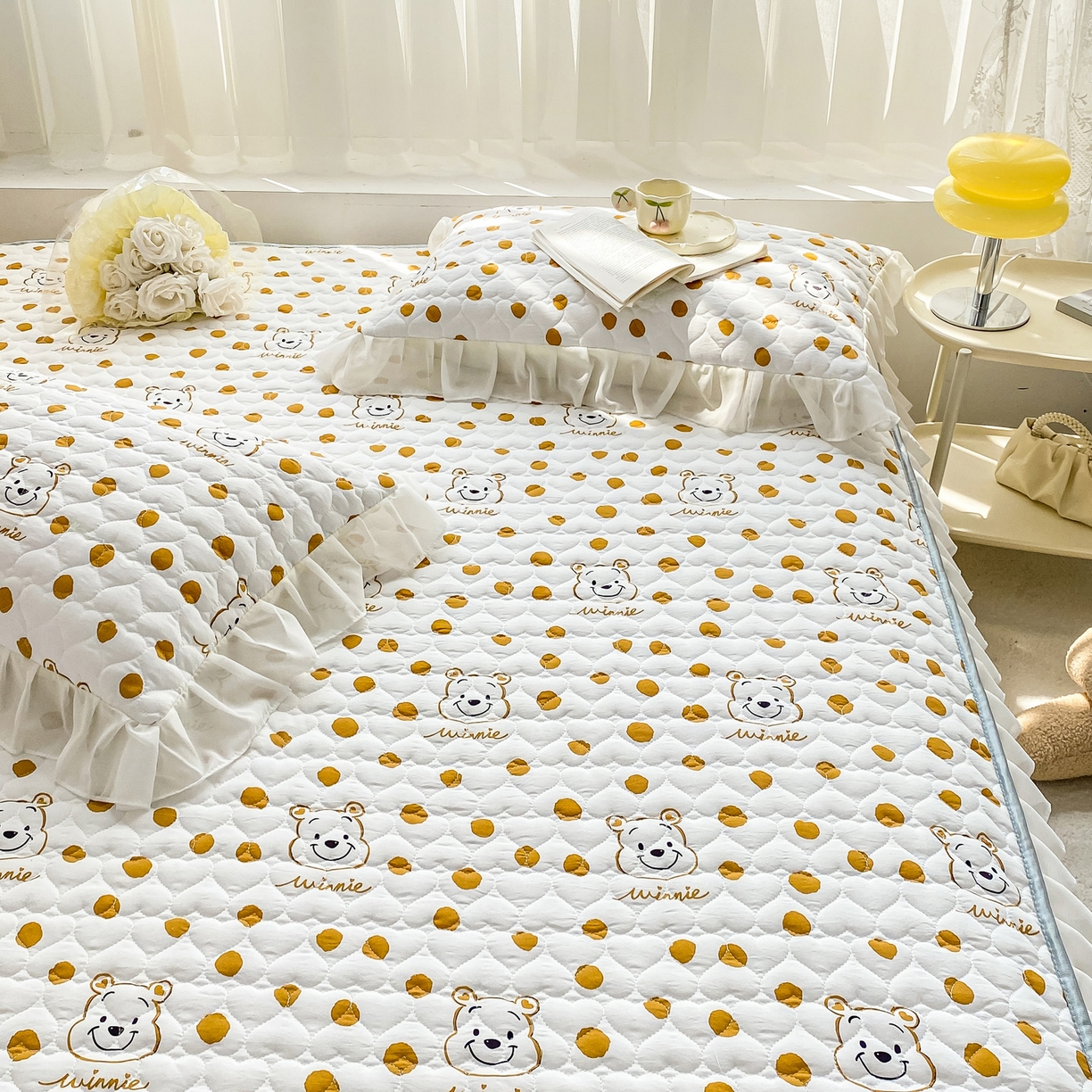 91家纺网 家纺一手货源 找家纺 眠势力 2025新款韩版花边夹棉床笠单件公主风四季款床垫保护套床罩 笑脸熊桔