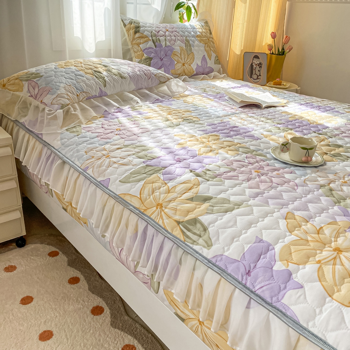 91家纺网 家纺一手货源 找家纺 眠势力 2025新款韩版花边夹棉床笠单件公主风四季款床垫保护套床罩 花相依