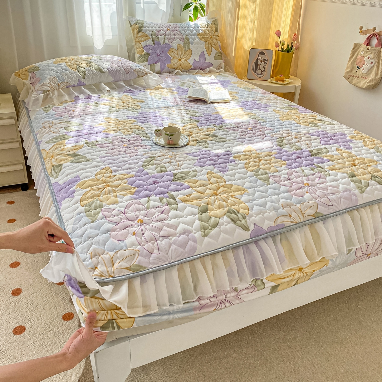 91家纺网 家纺一手货源 找家纺 眠势力 2025新款韩版花边夹棉床笠单件公主风四季款床垫保护套床罩 花相依