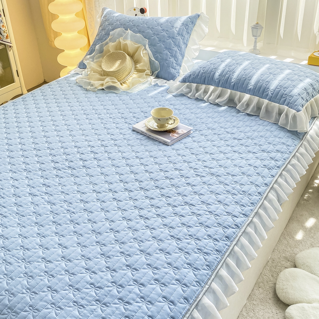 91家纺网 家纺一手货源 找家纺 眠势力 2025新款韩版花边夹棉床笠单件公主风四季款床垫保护套床罩 纯色系-湖蓝