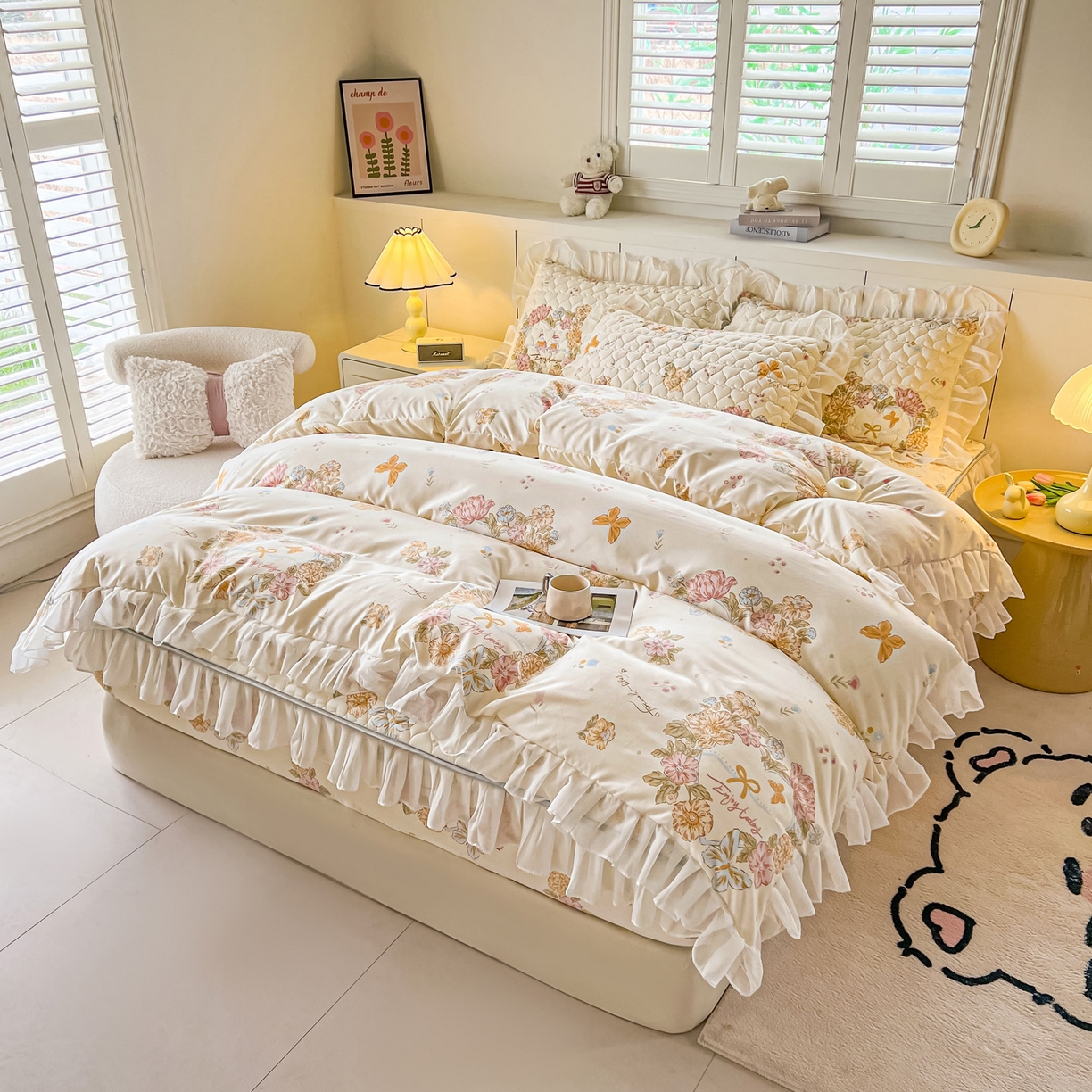 91家纺网 家纺一手货源 找家纺 眠势力 2025新款韩版花边夹棉床笠单件公主风四季款床垫保护套床罩 花语满园