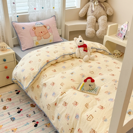 91家纺网 家纺一手货源 找家纺 （总）沐辰 2025新款全棉双层纱A类贝壳边学生床三件套