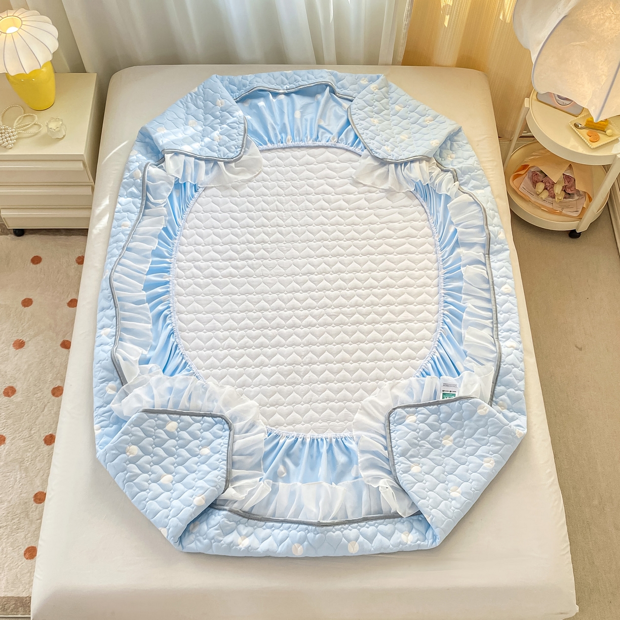 91家纺网 家纺一手货源 找家纺 眠势力 2025新款韩版花边夹棉床笠单件公主风四季款床垫保护套床罩 波点蓝