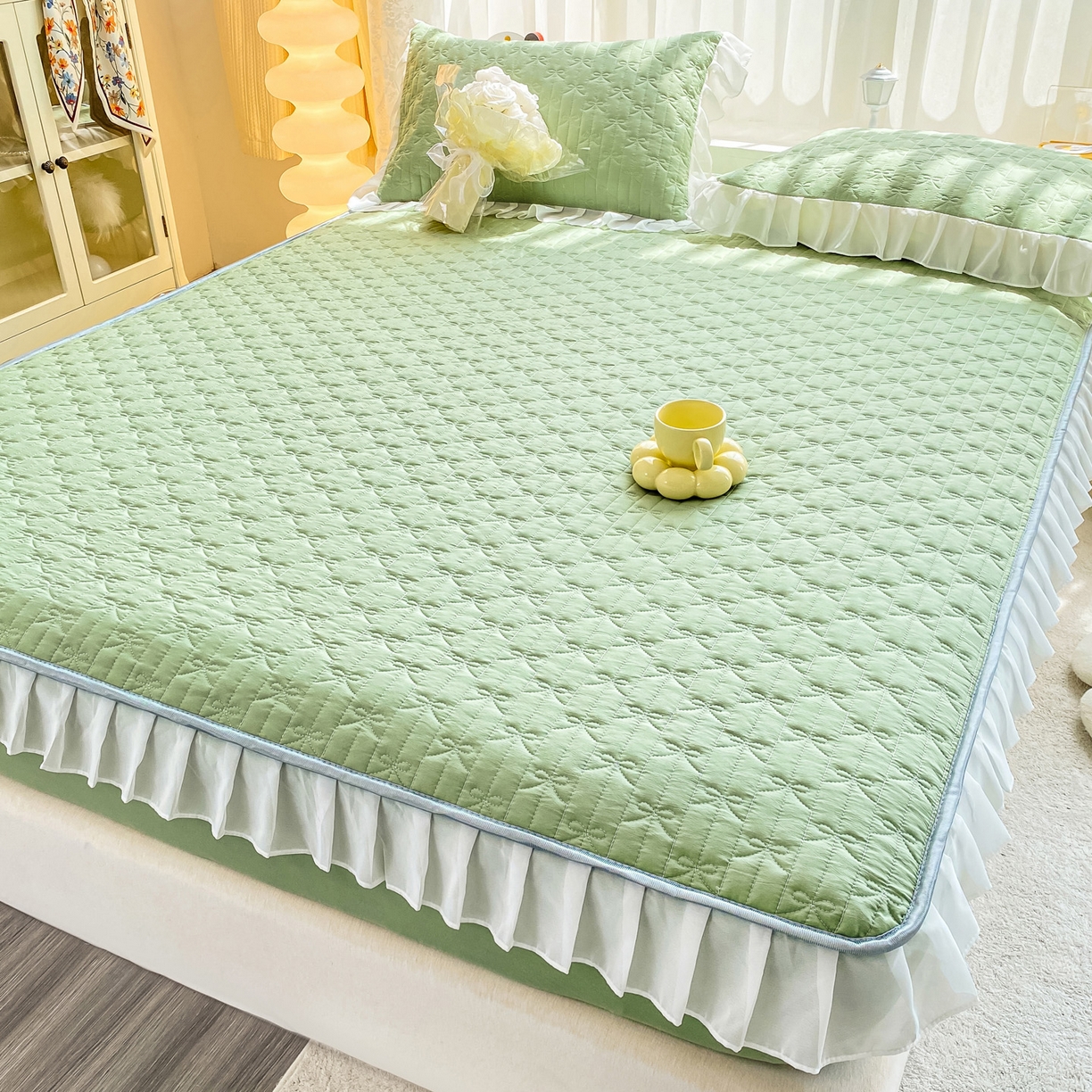 91家纺网 家纺一手货源 找家纺 眠势力 2025新款韩版花边夹棉床笠单件公主风四季款床垫保护套床罩 纯色系-果绿