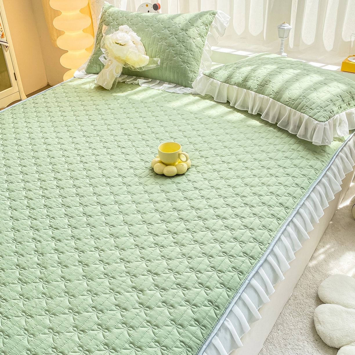 91家纺网 家纺一手货源 找家纺 眠势力 2025新款韩版花边夹棉床笠单件公主风四季款床垫保护套床罩 纯色系-果绿