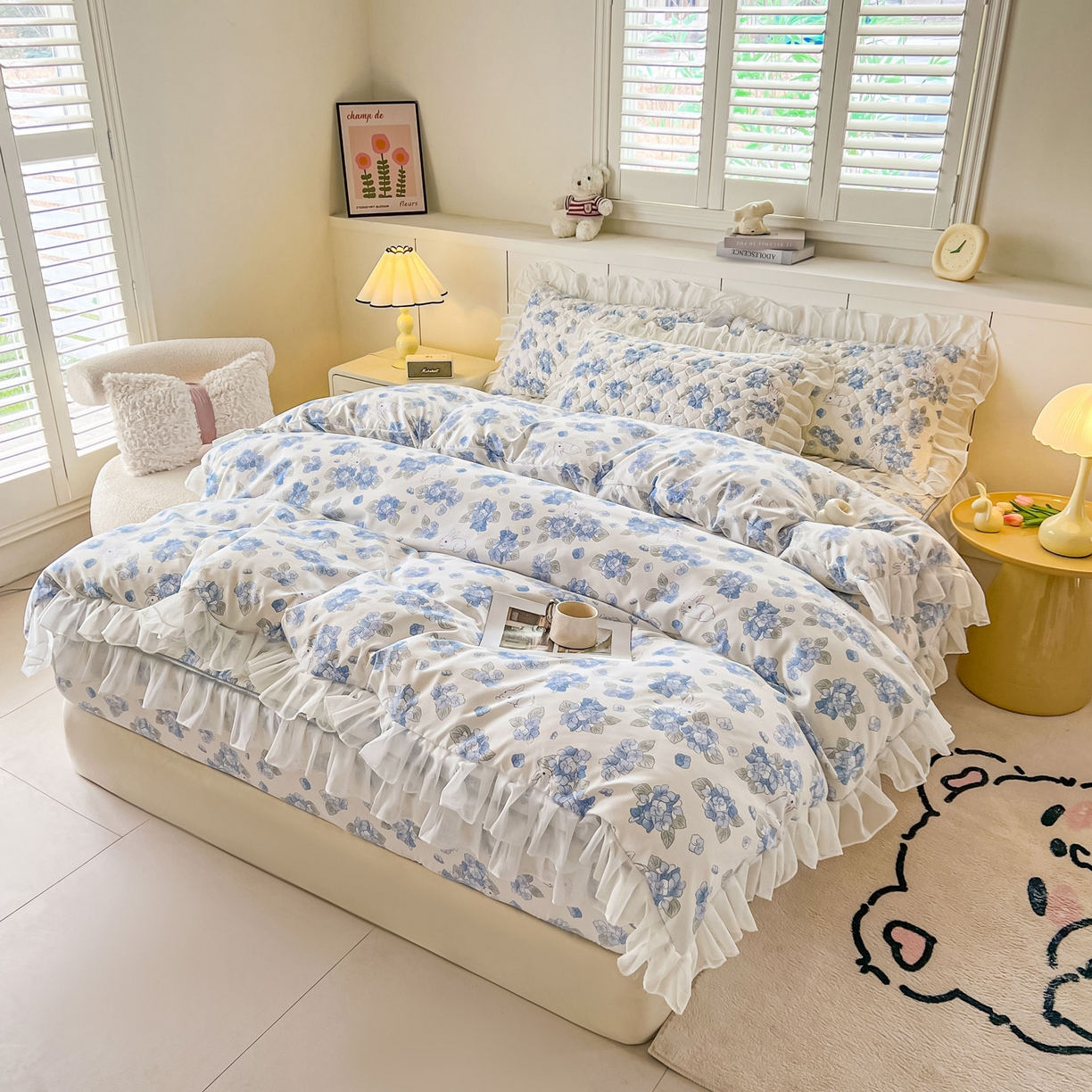 91家纺网 家纺一手货源 找家纺 眠势力 2025新款韩版花边夹棉床笠单件公主风四季款床垫保护套床罩 兰花兔