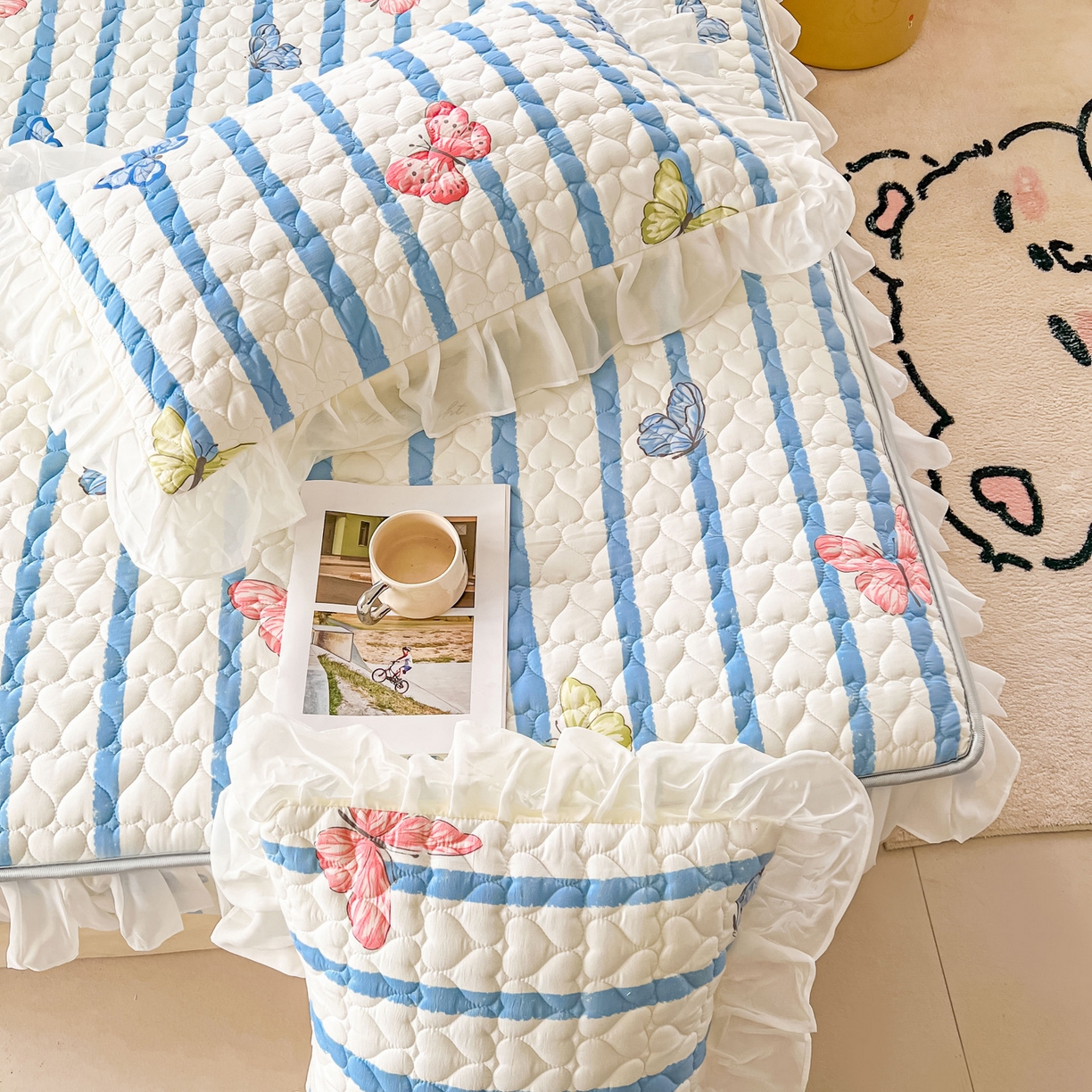 91家纺网 家纺一手货源 找家纺 眠势力 2025新款韩版花边夹棉床笠单件公主风四季款床垫保护套床罩 花蝴蝶