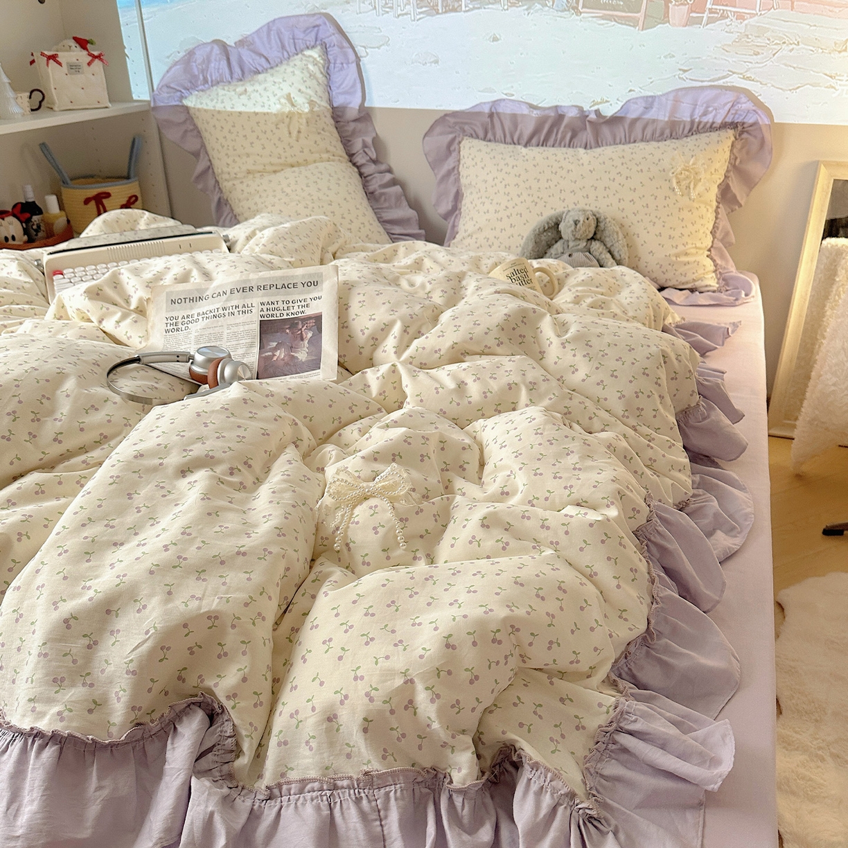 91家纺网 家纺一手货源 找家纺 瑞莱 2025新款纯棉全棉印花13372 甜美风四件套 花边紫樱桃