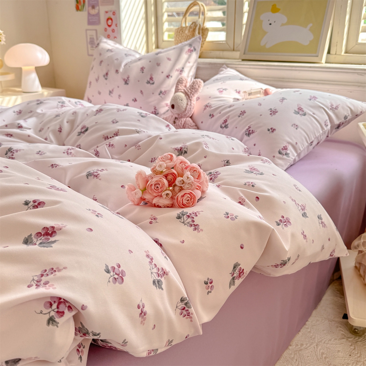 91家纺网 家纺一手货源 找家纺 多品家纺 2025新款超柔双层纱水洗棉单被套 紫葡萄