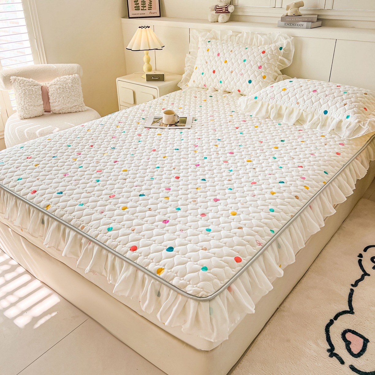 91家纺网 家纺一手货源 找家纺 眠势力 2025新款韩版花边夹棉床笠单件公主风四季款床垫保护套床罩 彩色波点