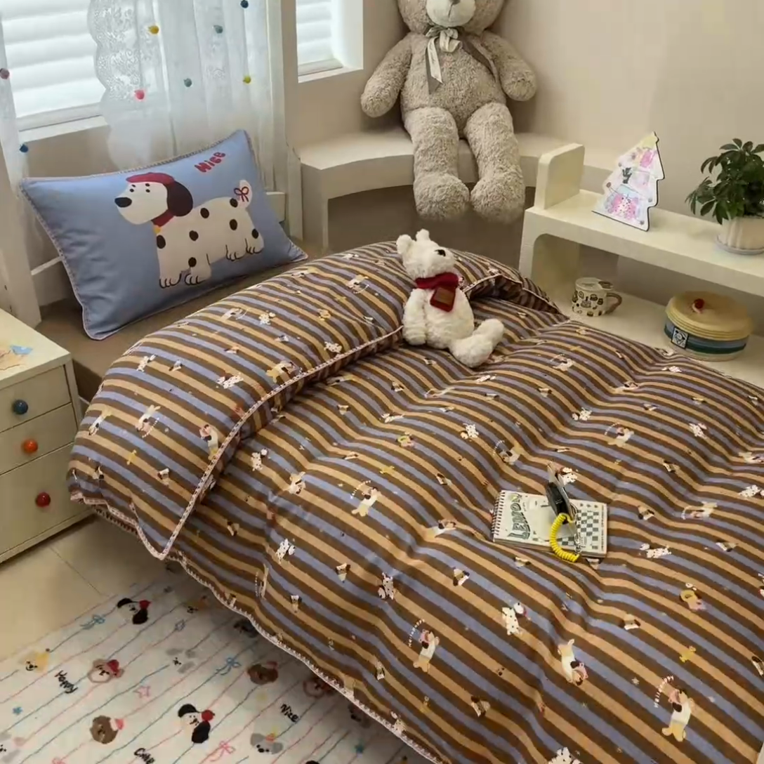 91家纺网 家纺一手货源 找家纺 沐辰 2025新款全棉双层纱A类贝壳边学生床三件套 斑点狗