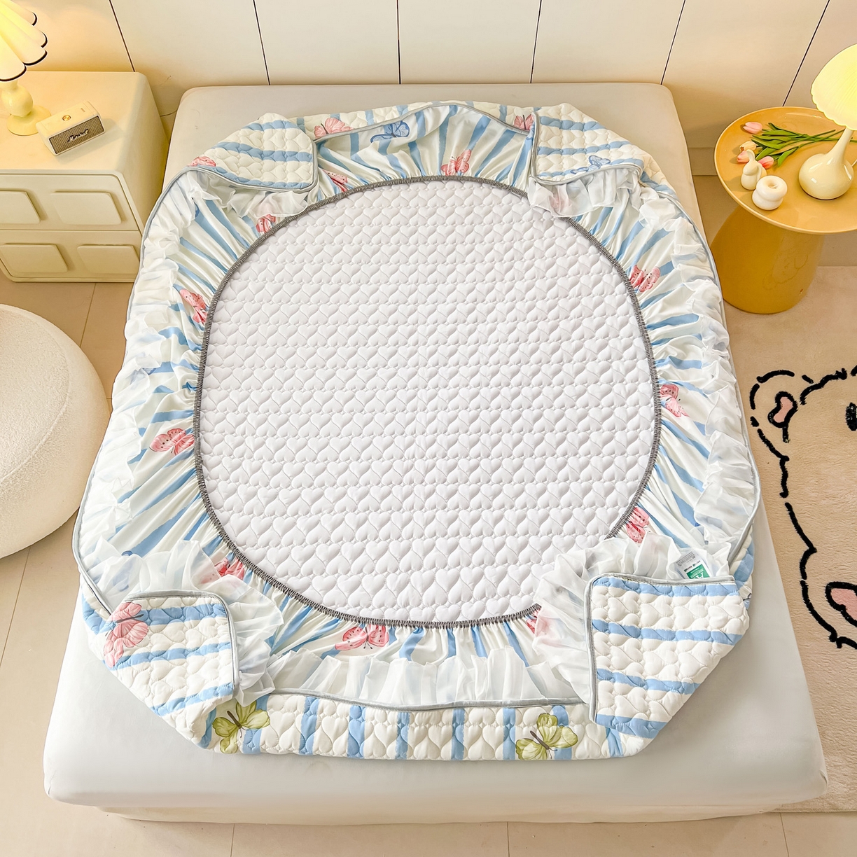 91家纺网 家纺一手货源 找家纺 眠势力 2025新款韩版花边夹棉床笠单件公主风四季款床垫保护套床罩 花蝴蝶