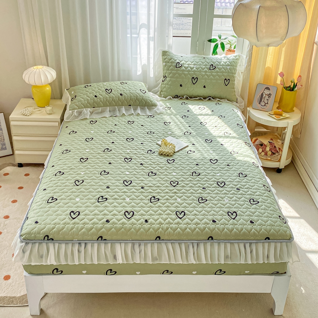 91家纺网 家纺一手货源 找家纺 眠势力 2025新款韩版花边夹棉床笠单件公主风四季款床垫保护套床罩 心心相印