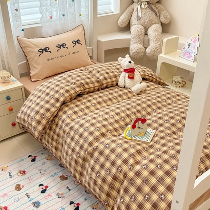 沐辰 2025新款全棉双层纱A类贝壳边学生床三件套 好运蝴蝶结