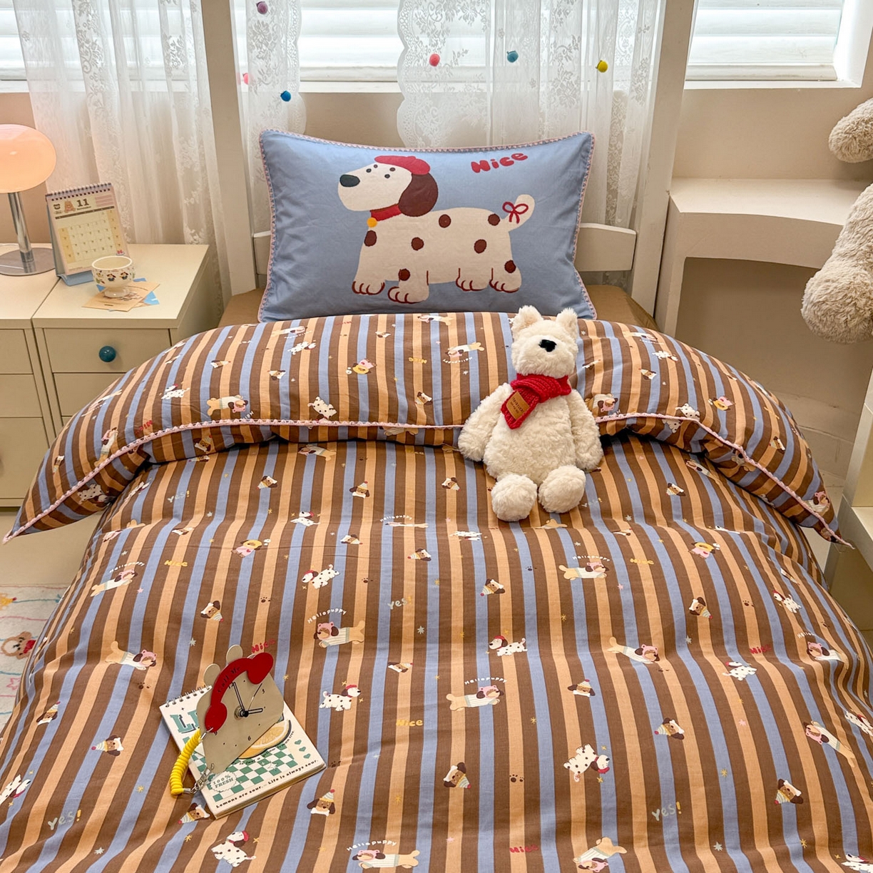 91家纺网 家纺一手货源 找家纺 沐辰 2025新款全棉双层纱A类贝壳边学生床三件套 斑点狗