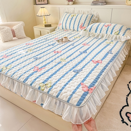 91家纺网 家纺一手货源 找家纺 眠势力 2025新款韩版花边夹棉床笠单件公主风四季款床垫保护套床罩 花蝴蝶