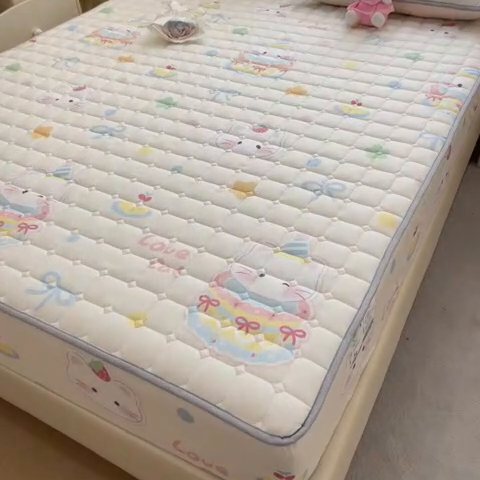 91家纺网 家纺一手货源 找家纺 雯豆家纺 2025四季款新品夹棉床笠三件套水洗棉磨毛小清新印花床垫保护套 嘟嘟猫