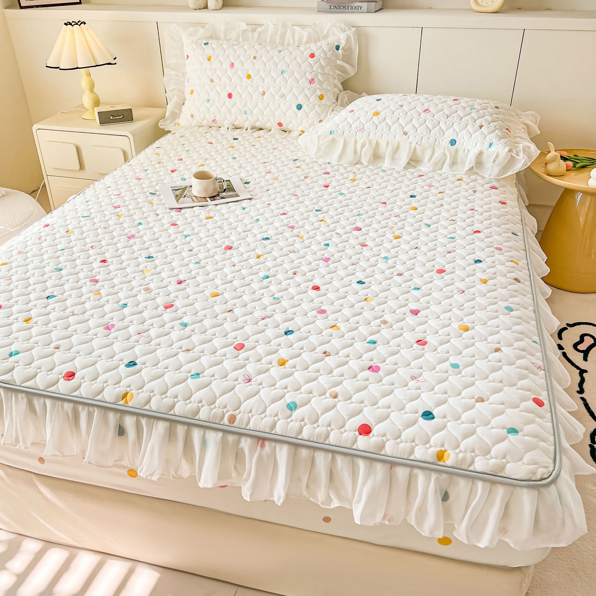 91家纺网 家纺一手货源 找家纺 眠势力 2025新款韩版花边夹棉床笠单件公主风四季款床垫保护套床罩 彩色波点