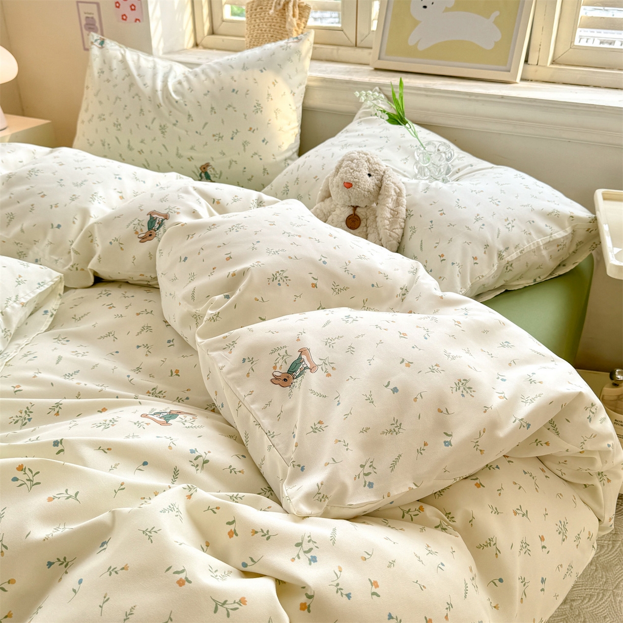 91家纺网 家纺一手货源 找家纺 多品家纺 2025新款超柔双层纱水洗棉单被套 叶雨兔