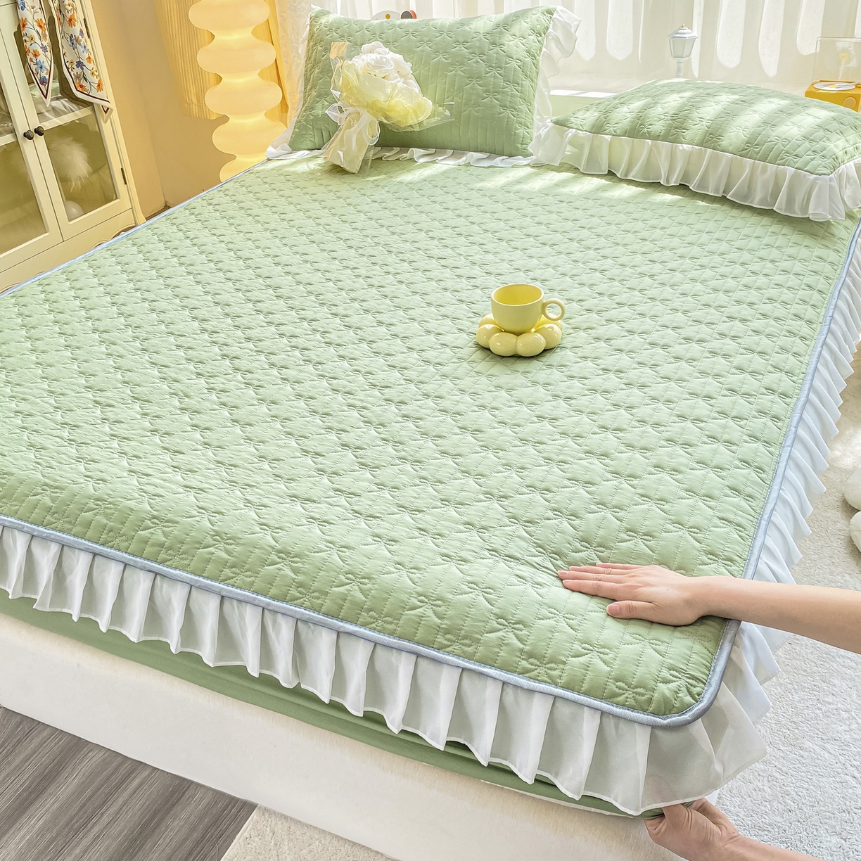 91家纺网 家纺一手货源 找家纺 眠势力 2025新款韩版花边夹棉床笠单件公主风四季款床垫保护套床罩 纯色系-果绿