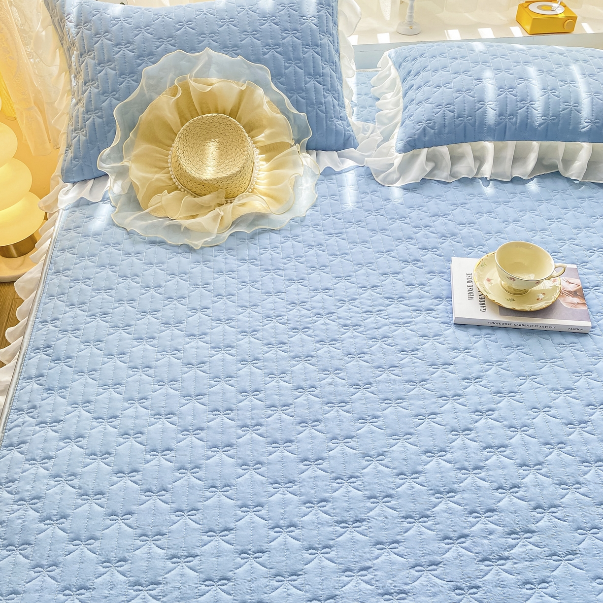 91家纺网 家纺一手货源 找家纺 眠势力 2025新款韩版花边夹棉床笠单件公主风四季款床垫保护套床罩 纯色系-湖蓝