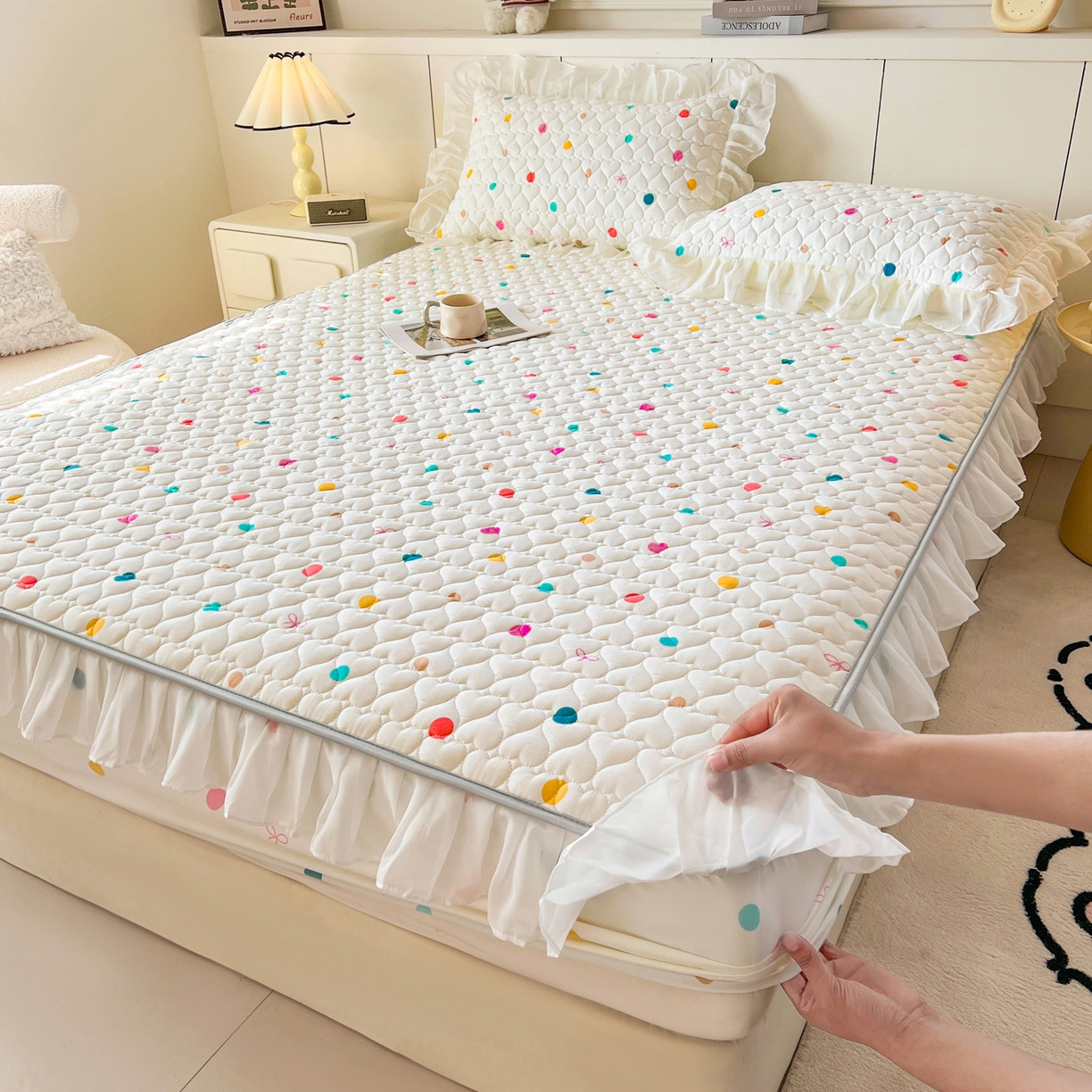 91家纺网 家纺一手货源 找家纺 眠势力 2025新款韩版花边夹棉床笠单件公主风四季款床垫保护套床罩 彩色波点