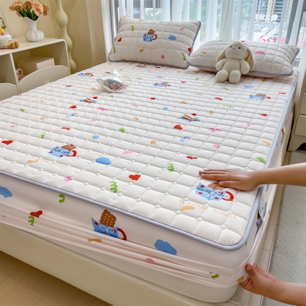 雯豆家纺 2025四季款新品夹棉床笠三件套水洗棉磨毛小清新印花床垫保护套 甜甜心事