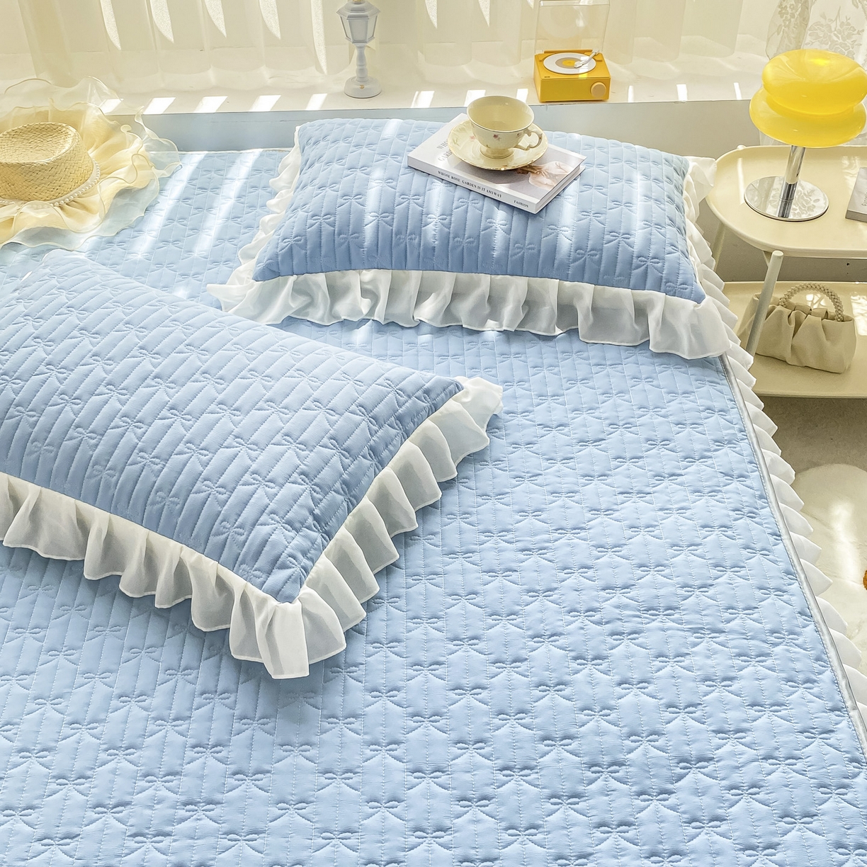 91家纺网 家纺一手货源 找家纺 眠势力 2025新款韩版花边夹棉床笠单件公主风四季款床垫保护套床罩 纯色系-湖蓝