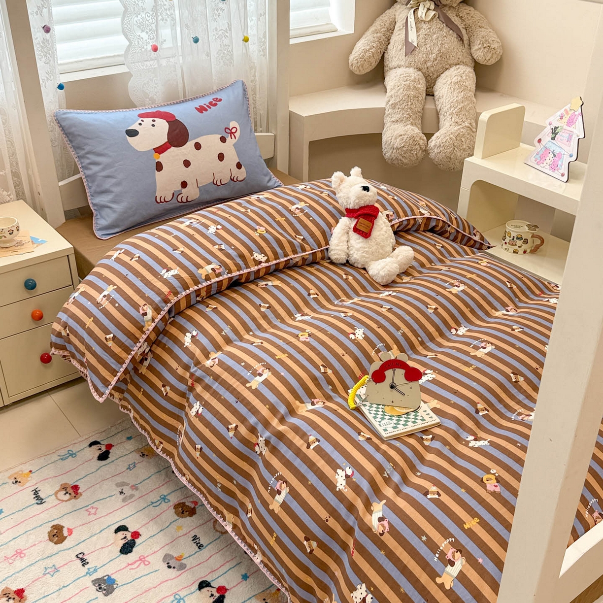 91家纺网 家纺一手货源 找家纺 沐辰 2025新款全棉双层纱A类贝壳边学生床三件套 斑点狗