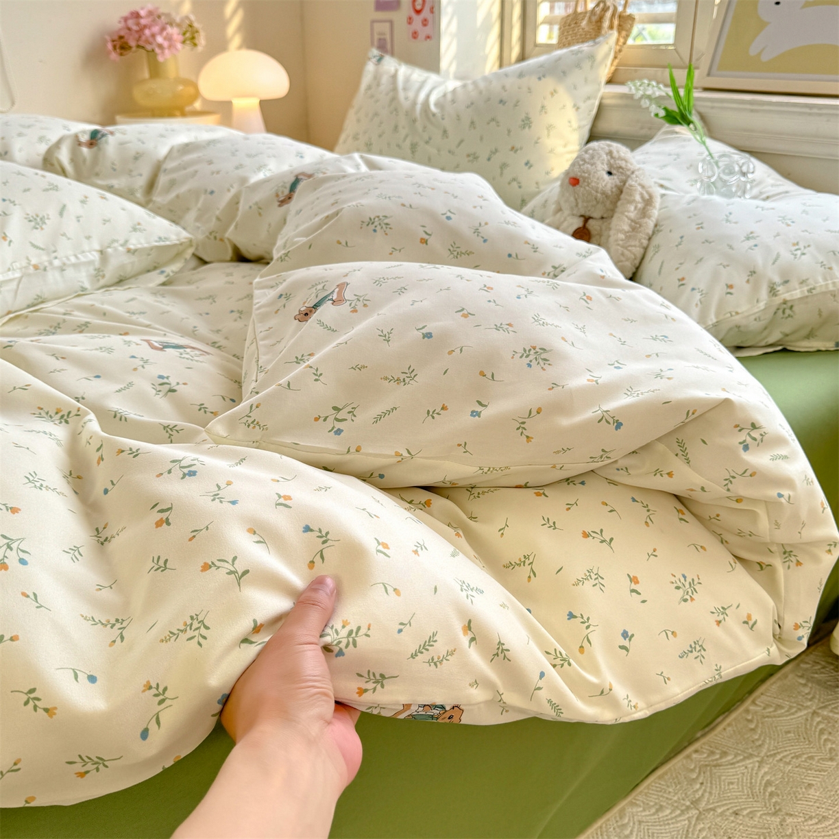 91家纺网 家纺一手货源 找家纺 多品家纺 2025新款超柔双层纱水洗棉单被套 叶雨兔