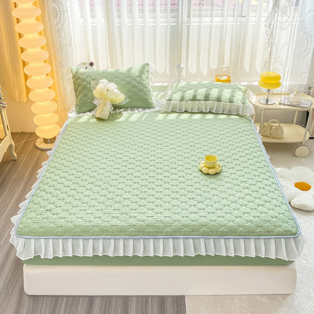 91家纺网 家纺一手货源 找家纺 眠势力 2025新款韩版花边夹棉床笠单件公主风四季款床垫保护套床罩 纯色系-果绿