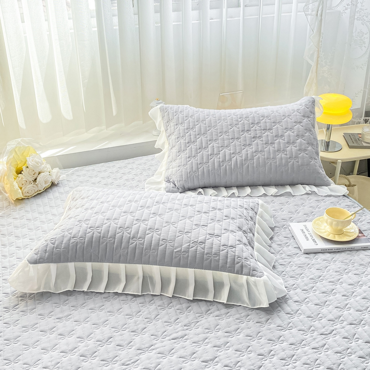 91家纺网 家纺一手货源 找家纺 眠势力 2025新款韩版花边夹棉床笠单件公主风四季款床垫保护套床罩 纯色系-冰山灰