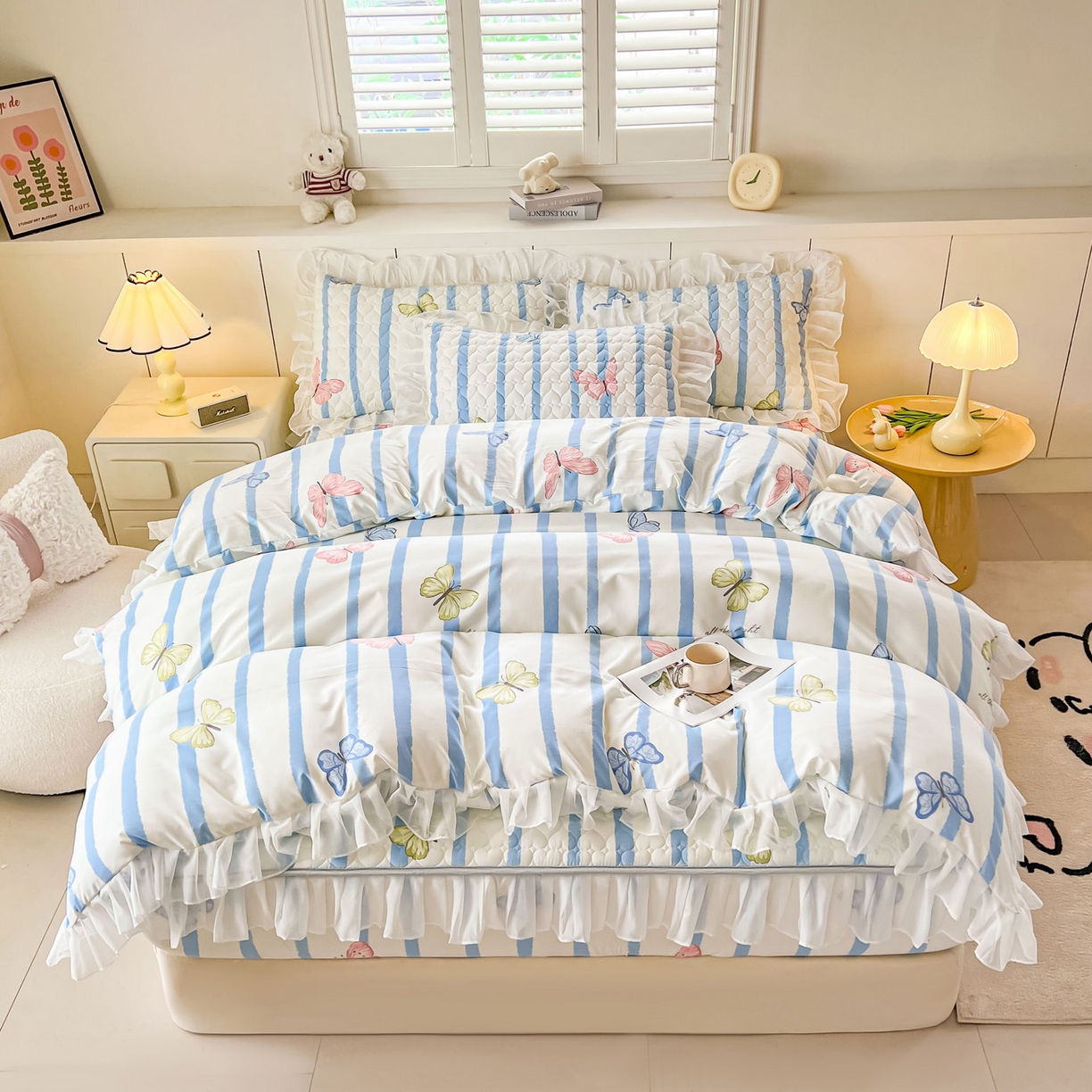 91家纺网 家纺一手货源 找家纺 眠势力 2025新款韩版花边夹棉床笠单件公主风四季款床垫保护套床罩 花蝴蝶