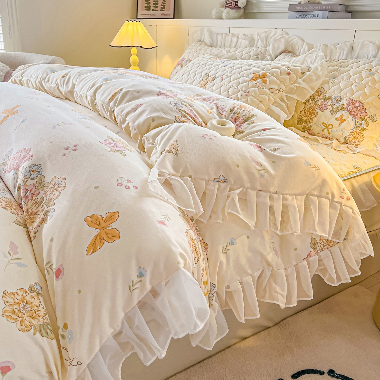 91家纺网 家纺一手货源 找家纺 眠势力 2025新款韩版花边夹棉床笠单件公主风四季款床垫保护套床罩 花语满园