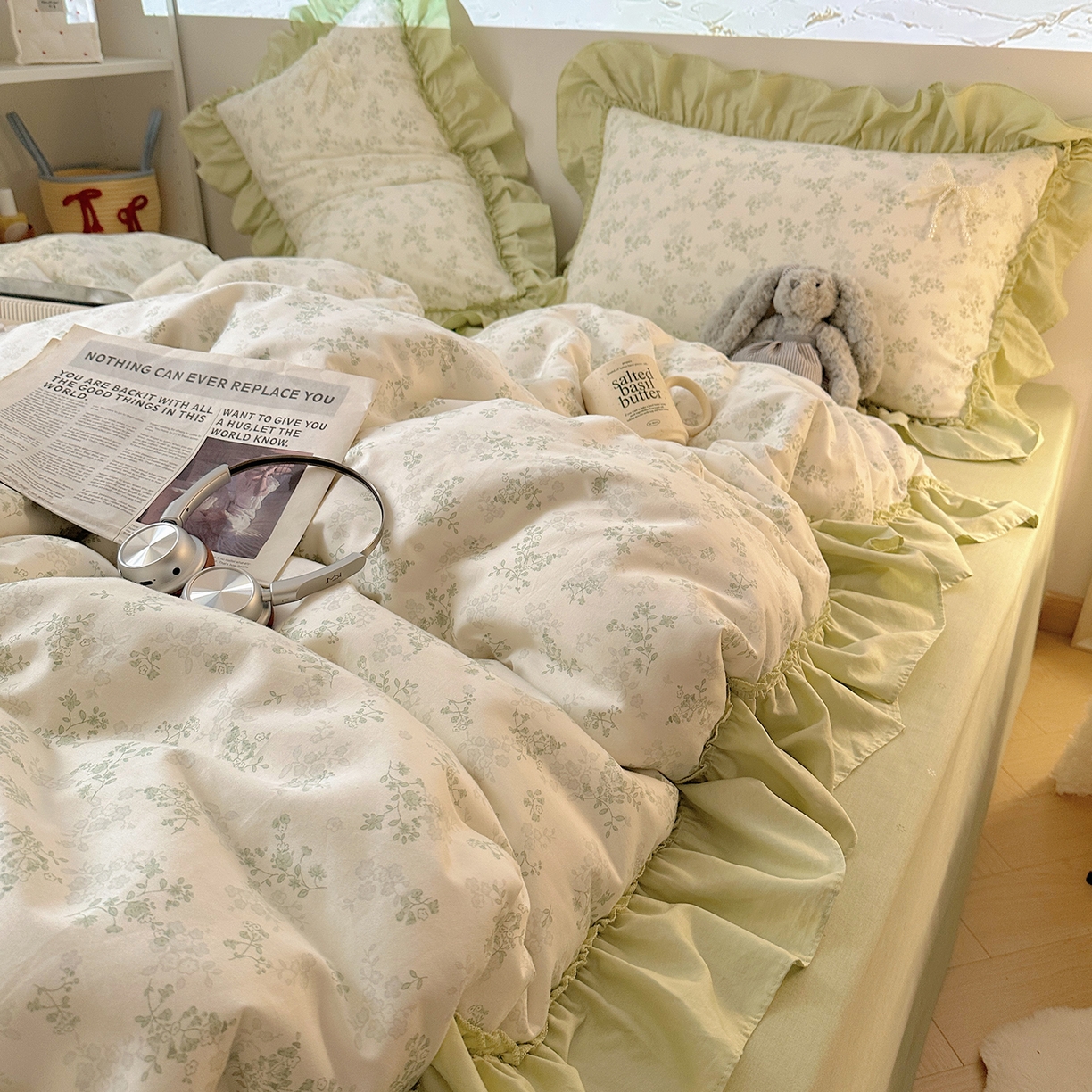 91家纺网 家纺一手货源 找家纺 瑞莱 2025新款纯棉全棉印花13372 甜美风四件套 花边春风里