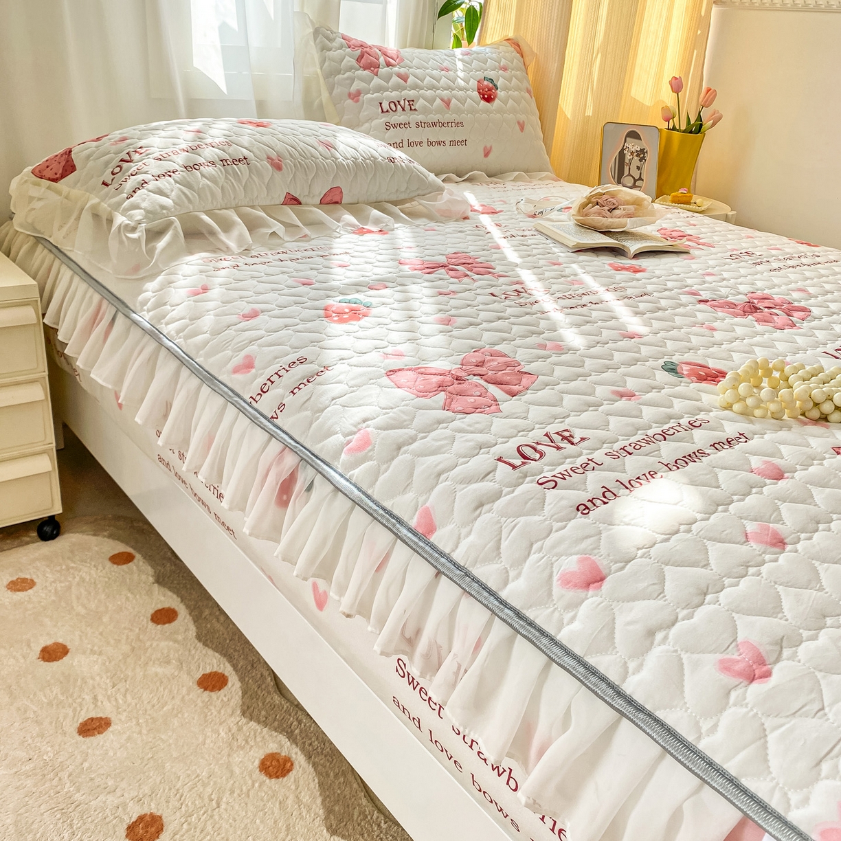 91家纺网 家纺一手货源 找家纺 眠势力 2025新款韩版花边夹棉床笠单件公主风四季款床垫保护套床罩 蝴蝶结