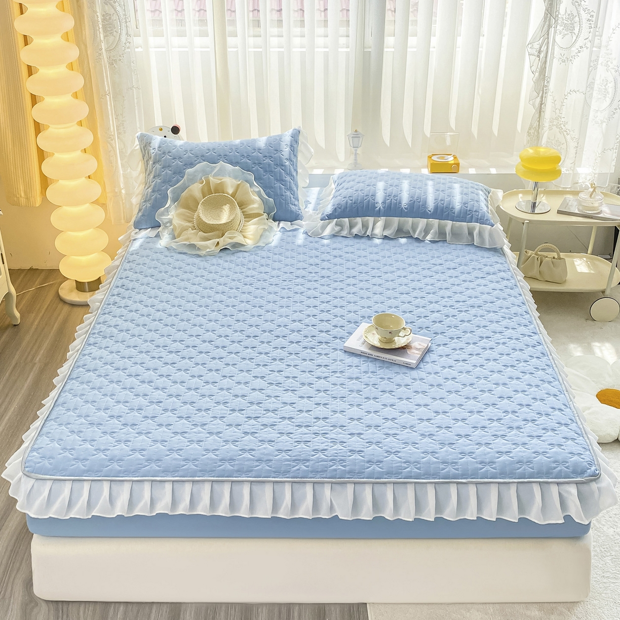 91家纺网 家纺一手货源 找家纺 眠势力 2025新款韩版花边夹棉床笠单件公主风四季款床垫保护套床罩 纯色系-湖蓝