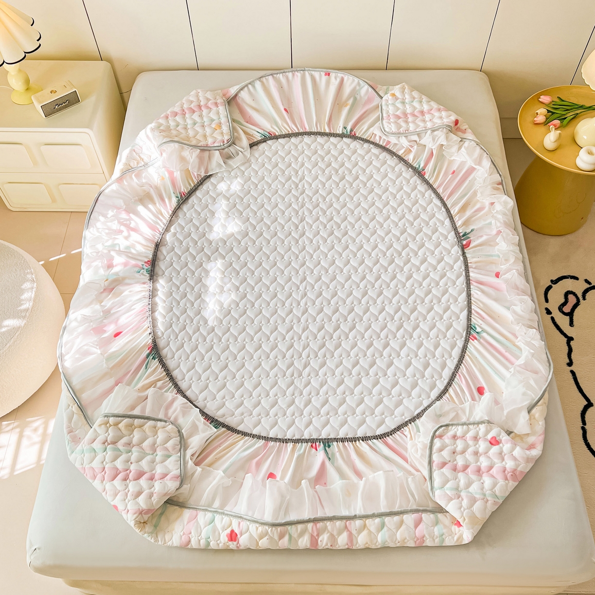 91家纺网 家纺一手货源 找家纺 眠势力 2025新款韩版花边夹棉床笠单件公主风四季款床垫保护套床罩 糖果草莓