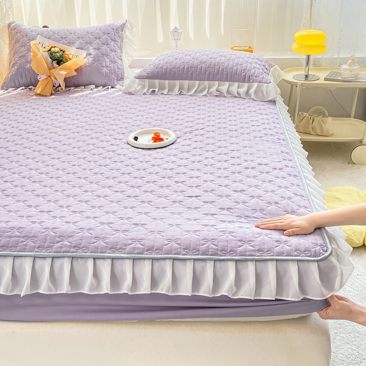 91家纺网 家纺一手货源 找家纺 眠势力 2025新款韩版花边夹棉床笠单件公主风四季款床垫保护套床罩 纯色系-优雅紫