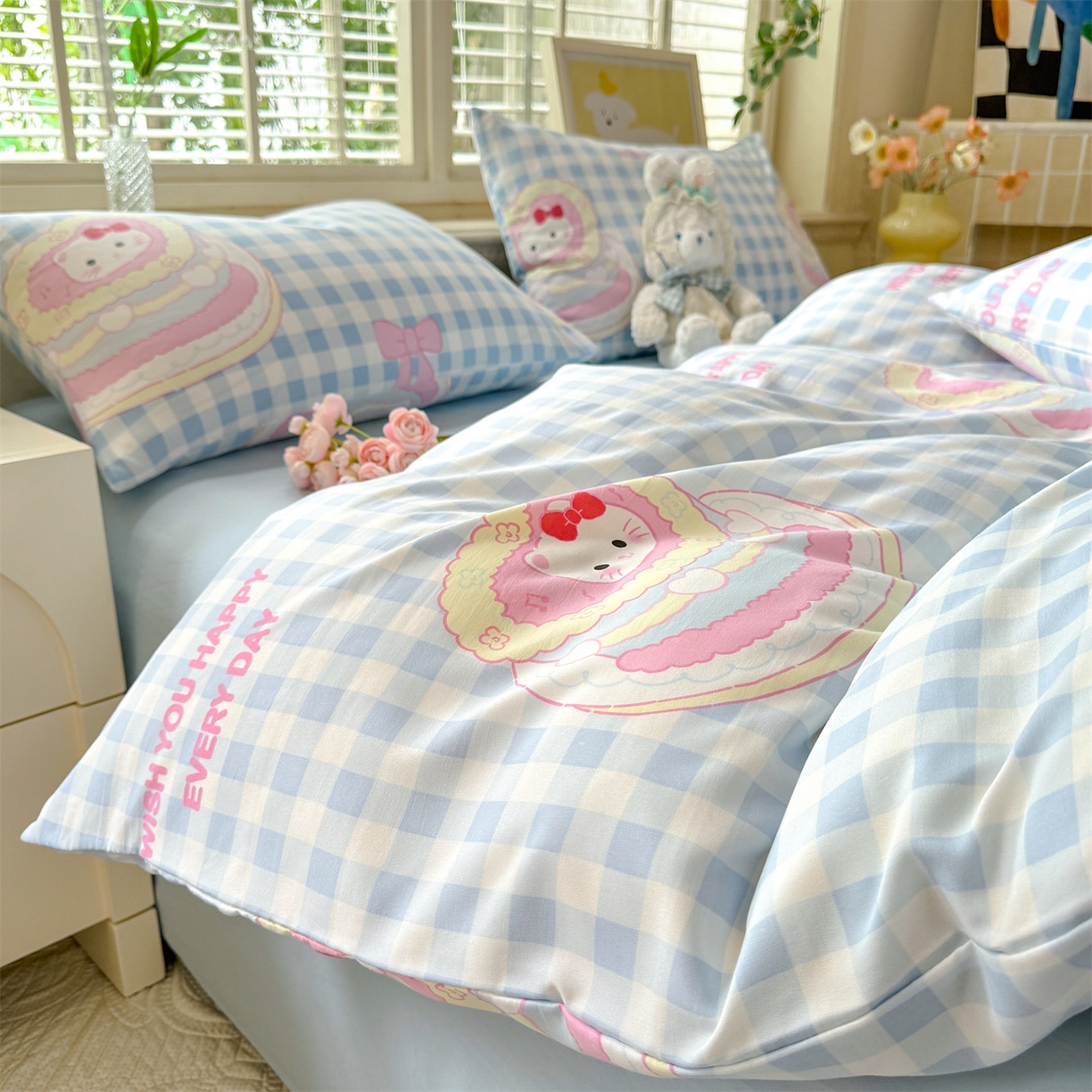 91家纺网 家纺一手货源 找家纺 多品家纺 2025新款超柔双层纱水洗棉单被套 派对猫